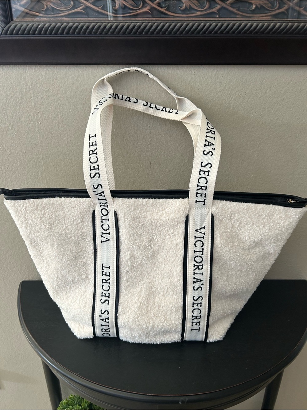 Victoria's Secret White Sherpa Tote with Branded Straps